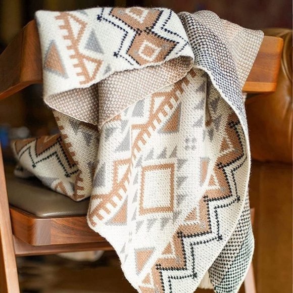 Boho Aztec Geometric Farmhouse Knitted Tassel Brown Soft Vintage Throw Blanket - Picture 5 of 7